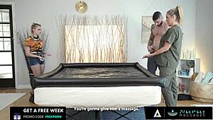 coco lovelock pretends new masseuse oils up kayla paige for nuru then both milfs deepthroat in wild threesome fuckfest