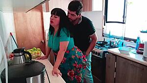 Stepmom's fat tits and juicy ass tempt me ripping clothes for rough kitchen doggystyle fuck
