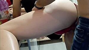 FRENCH SLUT IN BLACK SATIN DRESS GAGS DEEP ON COCK DOGGYSTYLE!