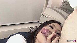 Skinny Japanese Teen Secretary Double Blowjobs Boss and Co-Worker Cum in Mouth Uncensored