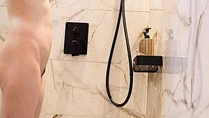 Black hair japanese college girl bathes skinny body in shower