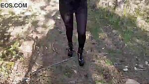 strolling through the forest in high heels and pantyhose feels unexpectedly thrilling