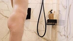 Black hair japanese college girl bathes skinny body in shower