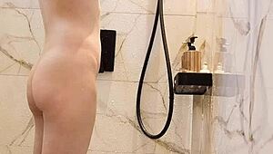 Black hair japanese college girl bathes skinny body in shower