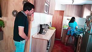 Stepmom's fat tits and juicy ass tempt me ripping clothes for rough kitchen doggystyle fuck