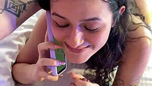 while she chats with boyfriend on phone I secretly fuck her tight pussy