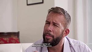 How does this couple spitroast heartbroken blonde with double penetration and deepthroat?