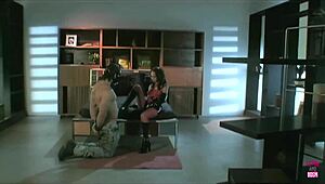 Bound bimbo's cunt hammered hard by massive sex toy.