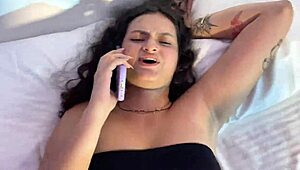 while she chats with boyfriend on phone I secretly fuck her tight pussy