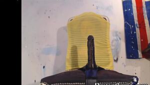 Naughty British college teen teases shaved pussy with dildo till squirting orgasm