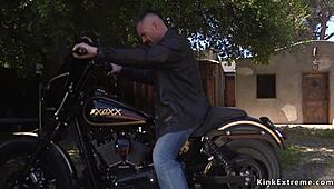 blonde slave's chained heart races as biker unchained her for brutal bdsm fuck