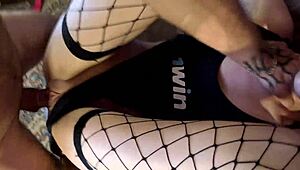 Skinny whore in stockings screams from rough missionary pounding and multiple orgasms with muscular bodybuilder's monster cock