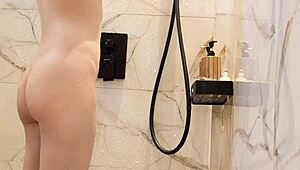 Black hair japanese college girl bathes skinny body in shower