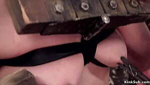 the teen trainee gags on cocks during rough bdsm group bondage and submission training session