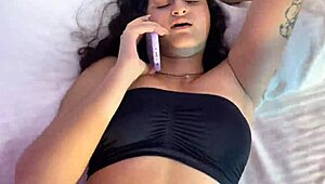 while she chats with boyfriend on phone I secretly fuck her tight pussy