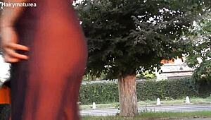 hairy mature flashes beaver through see-thru outfit outdoor