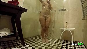 goddess shakes wet ass riding monster cock in steamy shower doggystyle