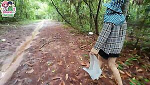 thai teen foraging in forest suddenly flashes her wet pussy up close
