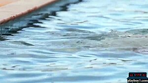 Lesbian milf brunettes kiss hairy pussies poolside in outdoor bikini softcore play