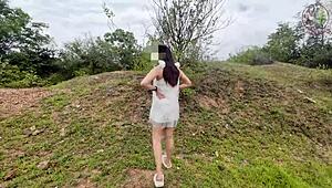 Thai babe masturbates pussy outdoors in forest public solo moaning