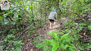 thai teen foraging in forest suddenly flashes her wet pussy up close