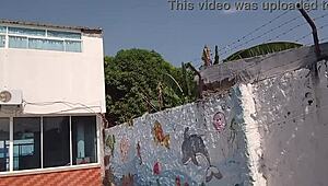 Horny mature latina bbw housewife exposes saggy big tits masturbates pussy with black dildo in public pool showers