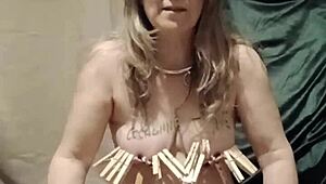 French housewife slave's solo session with clamps candles and harsh words
