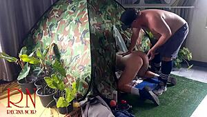 Stranger dominates nudist lady's pussy in kinky outdoor forest camping sex voyeur style