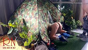 Stranger dominates nudist lady's pussy in kinky outdoor forest camping sex voyeur style