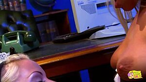 two blonde maids lick tits and pussies after hours in stockings