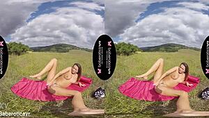 Vanessa Decker's solo brunette pussy fingering and tit play outdoors in erotic vr