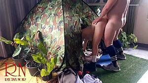 Stranger dominates nudist lady's pussy in kinky outdoor forest camping sex voyeur style