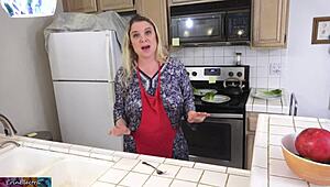 curvy lactating milf milks stepson's big cock in kitchen before his date