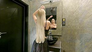 Curious blonde's big tits peek through see-through miniskirt sans panties.