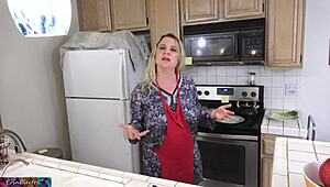 curvy lactating milf milks stepson's big cock in kitchen before his date
