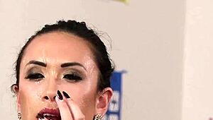 naughty fuck doll takes facial cumshot and swaps every drop