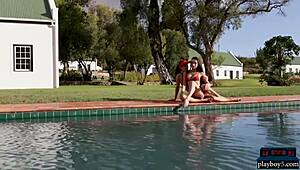 Lesbian milf brunettes kiss hairy pussies poolside in outdoor bikini softcore play