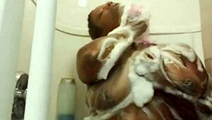 Chubby ebony wife teases wet curves in motel shower preview