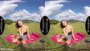 Vanessa Decker's solo brunette pussy fingering and tit play outdoors in erotic vr