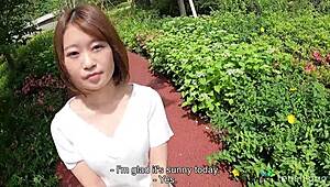 Amateur Tokyo babe Asuka Suzumura bares shaved wet pussy in uncensored interview, fingered with toys and licked deep