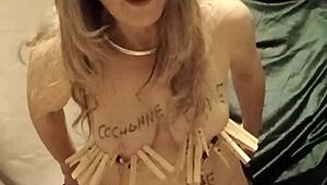 French housewife slave's solo session with clamps candles and harsh words