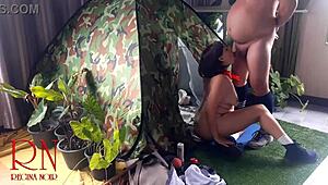 Stranger dominates nudist lady's pussy in kinky outdoor forest camping sex voyeur style