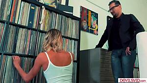 small tits teen rides old boss cock hard after sucking balls deep.