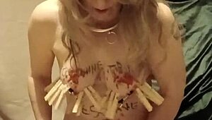 French housewife slave's solo session with clamps candles and harsh words