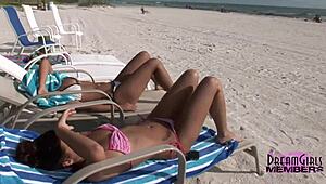 Two Tanned Bikini Coeds Tease Shaved Pussies After Beach Party Shower