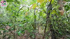 thai teen foraging in forest suddenly flashes her wet pussy up close