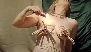 French housewife slave's solo session with clamps candles and harsh words