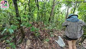 thai teen foraging in forest suddenly flashes her wet pussy up close