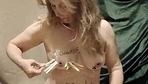 French housewife slave's solo session with clamps candles and harsh words
