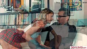 small tits teen rides old boss cock hard after sucking balls deep.